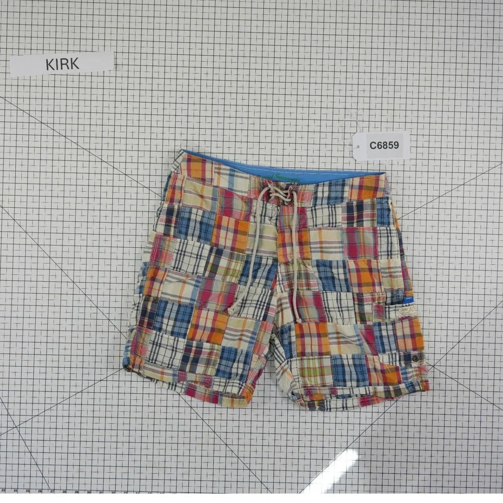 J.Crew Board Shorts Men's Size 33 Multi Patchwork Madras Plaid Cotton Blend Swim